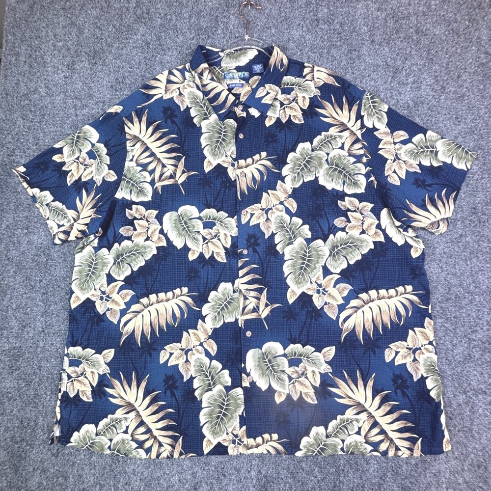 Campia Mens 4XL Tropical Leaf Print Rayon Button‎ Up Shirt Navy Blue Easy Care
